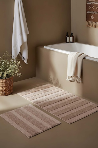 Bej Kabartmalı Çizgili 2 Li Banyo & Klozet Paspas Takımı Bej