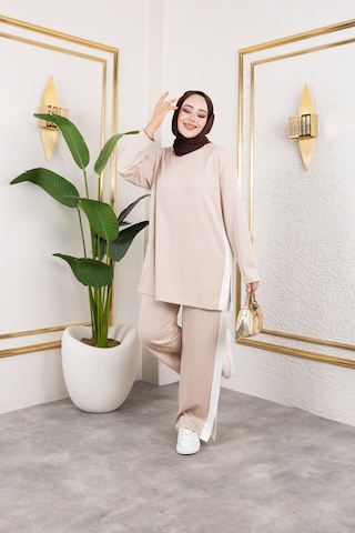 Hira Life Fashion Kadın Efsa Bej Bisiklet Yaka Yanı Şeritli Ve Pantolon Cepli Alt-üst İkili Takım Bej Bej