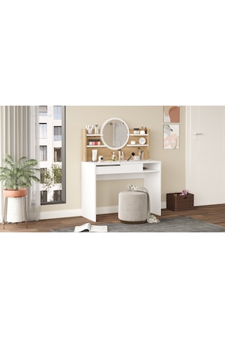 Robin Home Paris Makyaj Masası Aynalı Raflı Çekmeceli Sepet-beyaz