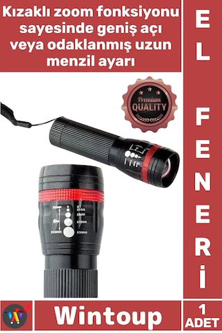 Elfeneri Alüminyum Sağlam Dayanıklı Taktik Güçlü Özel Güvenlikler Menzilli Zoomlu Pilli El Feneri Çok Renkli