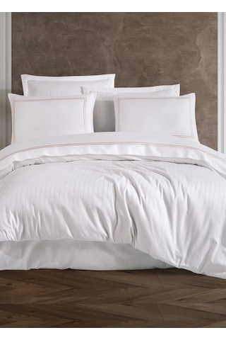 Dantela İmge Nakışlı Pamuk Saten Çift Kişilik Nevresim Tak-beyaz Beyaz