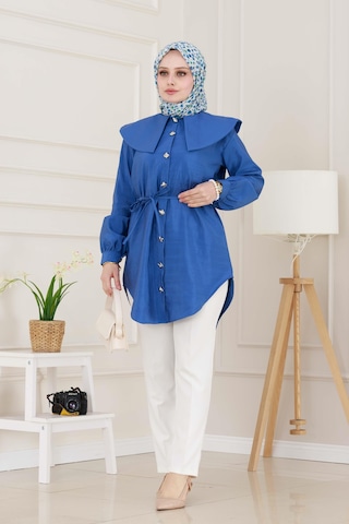 Sevitli Beli Bağcık Detaylı Geniş Yaka Tunik-indigo-4994 Indigo
