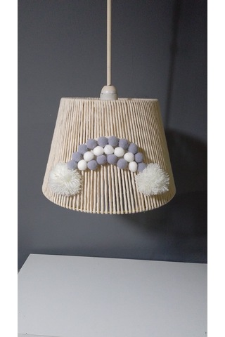 Ekru Makrome Avize Abajur Set Çocuk Odası Avize Bebek Odası Avize Ponpon Gökkuşağı Ekru