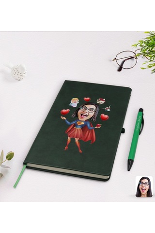 Kişiye Özel Süper Anne Karikatürlü Yeşil Termo Deri Defter Kalem