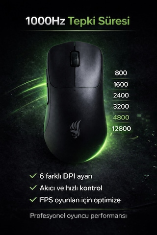 Gaming Kablosuz Mouse Siyah 63g Ultra Hafif 2.4g, Bluetooth, Type-c, 12800 Dpı Şarjlı Ergonomik Makrolu Tasarım Diğer