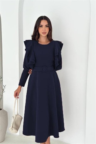 Neşeli Butik Kadın Kol Fırfırlı Kemerli Midi Boy Elbise Nbk4309 Lacivert