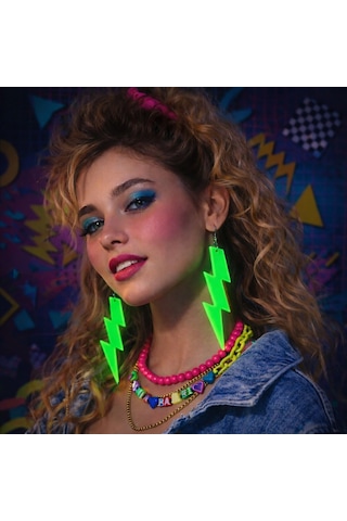 80 Ler 9039lar Retro Neon Yeşil Şimşek Küpe 10 Cm "