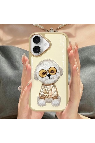 Apple Uyumlu iPhone 16 Gerçek Nakış İşlemeli Gözlük Ve Zincir Aksesuarlı 3d Köpekli Kılıf Şeffaf