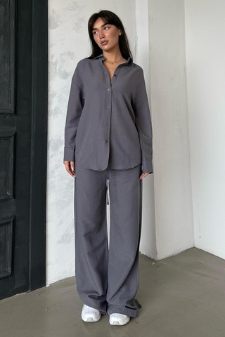 Madmext Füme Keten Kadın Gömlek Pantolon İkili Takım Mg2356 Füme