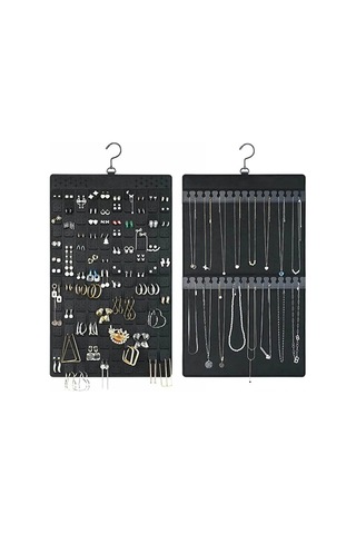 Kangvka Felt Materyal Kapaklı Çift Taraflı Mücevher Organizer - Duvar Takılı Kolye, Bilezik, Küpe Ve Yüzük Saklama Kutusu Siyah