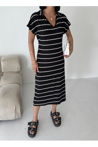 Kadın Pamuklu Polo Yaka Çizgili Elbise Siyah