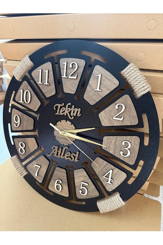 İsim Yazılabilir Ahşap Dekoratif Halatlı Duvar Saati Siyah-ahşap