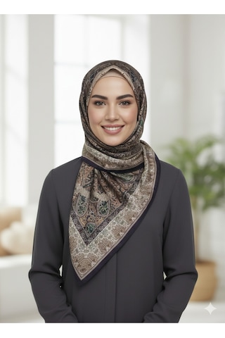 Premium Lux Original Etnik Desen Şal Vual İpek, 1. Sınıf, Hafif, Rahat, Şık, Tesettür Giyim Kahverengi - Bej - Yeşil