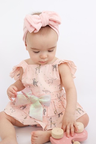 Kız Bebek Pudra Pembe Renk Özel Gün Fiyonklu Çıtçıtlı Tulum Pembe