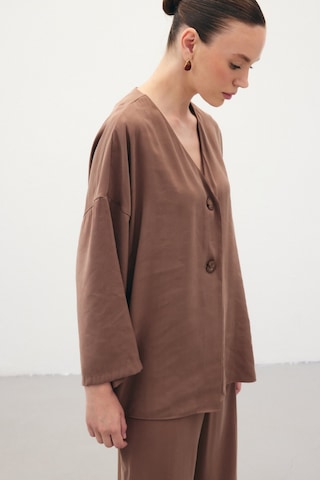 Sateen Düğmeli Kimono - Kahve-136354 Kahve