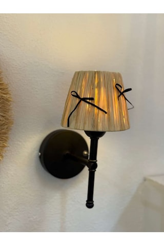 Rafya Hasır Siyah Fiyonk Kurdele Kablosuz Pilli Aplik - Alt Siyah Siyah