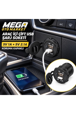 Mega Oto Market Çift Usb Araç Şarj Soketi 5v 2.1a + 1a Koruma Kapaklı Otomobil Çakmaklığı 1 Adet