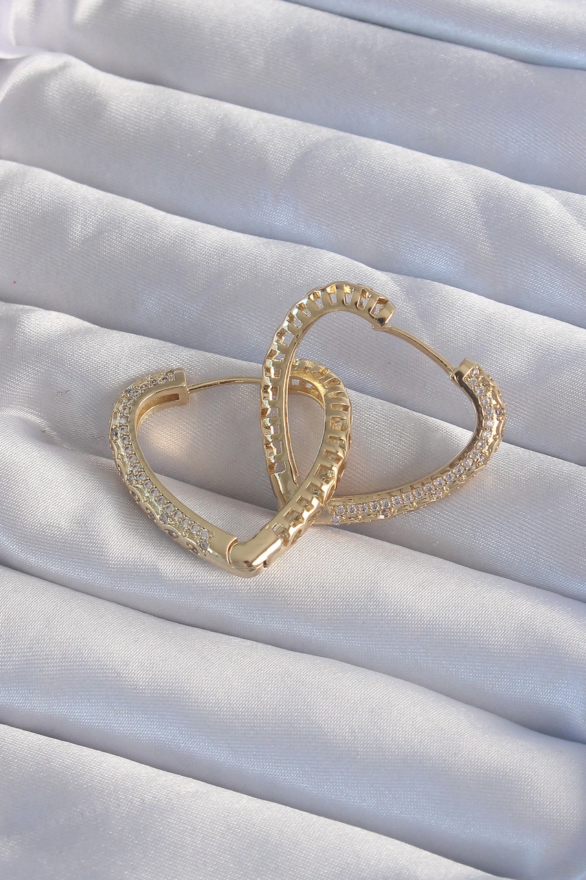 Pirinç Gold Renk Zirkon Taşlı Motifli Küpe Çok Renkli
