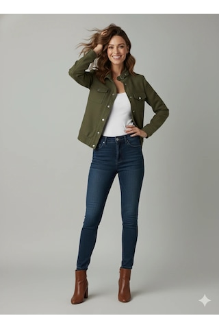 Kadın Taba Zarif Kısa Ceket Toka Detaylı Dik Yaka Cepli Süet/kaşe Baharlık Ceket Haki Yeşili