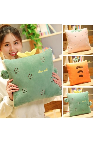 Geeksen Yeşil Kaktüs Desenli İki Kullanımlı Yorgan Yastık - 100x150cm Koltuk/ofis Yorganı, 35x35cm Yastığa Dönüştürülebilir,聚酯 Malzeme, Sıcak Ve Konforlu Yeşil