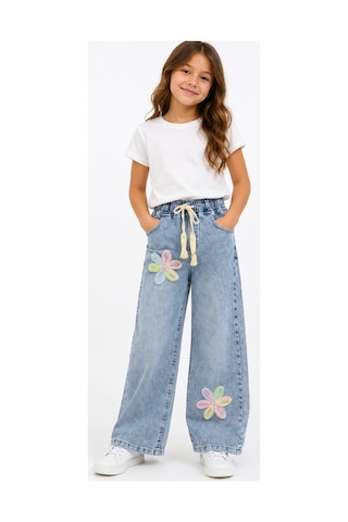 İrem Çocuk Giyim Kız Çocuk Çiçek Aplikeli Beli Lastikli Geniş Paça Model Mavi Renk Kot Pantolon Mavi
