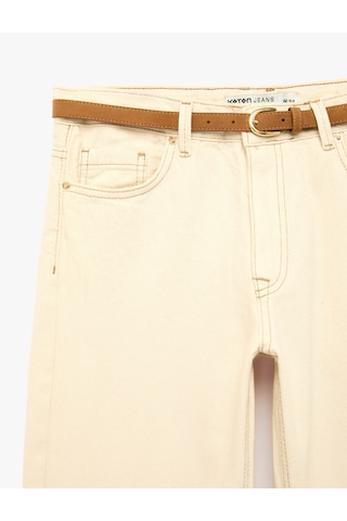 Koton Pamuklu Kemerli Cepli Normal Bel Uzun Düz Paça Pantolon - Straight Fit Jean Ekru 7wal40028mw
