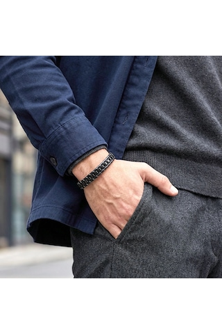 Moncuk Design Siyah Çelik Zincir Örgülü Ve Deri Erkek Bileklik 33514b24d3 Çok Renkli