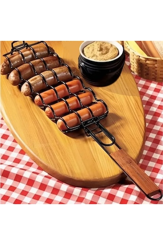Maiyame Stoksel Çelik Sosis Izgara Aleti, Ayırırlı Kaba Tabanlı, 48.5x9cm, Ahşap Kollü, Piknik Ve Kamp İçin Uygun, Sosis, Hot Dog, Kupat Pişirme Aracı Siyah