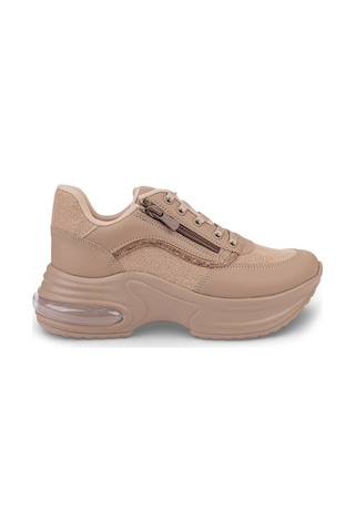 Modalendo 1511-26 Cilt Deri Simli Şeritli Anatomik Bağcıklı Kadın Sneaker Bej