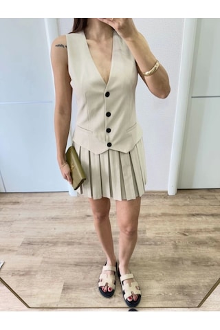 Defymoda Takım Görünümlu Yelekli Mini Elbise- Bej Bej