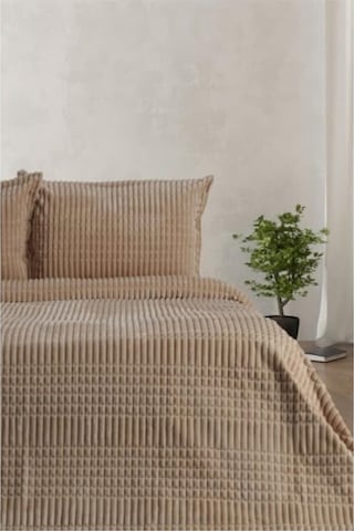 Merinos Çift Kişilik Battaniye Bej Modern Line 3 Parça Set Bej