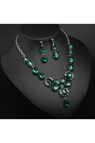 Kristal Değerli Taşlar, Köprücük Kemiği Gerdanlığı Küpe Seti, Su Damlası Kadın Aksesuarları Yeşil