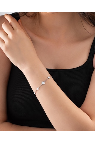 925 Ayar Rodyum Beyaz Mineli Yonca Charm Gümüş Bileklik Gümüş - Rodyum