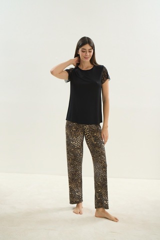 Kadın Uzun Kol Dantel Detaylı Viscone Siyah Pijama Takım 16033 001