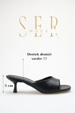 Sermoda Topuklu Kadın Terlik - 5 Cm İnce Topuklu Küt Burun Kadın Terlik Siyah