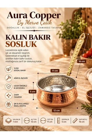 Aura Copper Kalın Bakır Sosluk 12 Cm 1 Mm El Dövmesi Uzun Saplı Sos Tavası Ss-00001