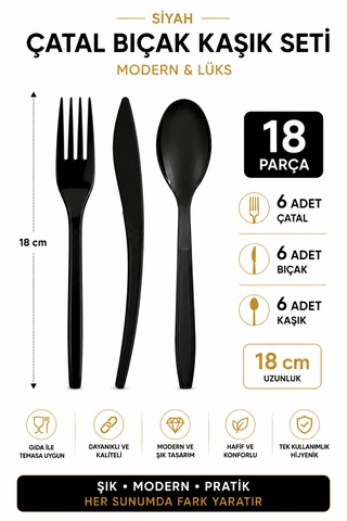 Siyah Plastik Çatal Bıçak Kaşık Seti 18 Cm 18 Parça Modern Lüks