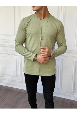 Modefendi Ön Detayı Çizgi Detaylı Pamuklu Sweatshırt Yeşil