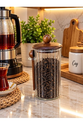 1350 Ml Akasya Kapaklı Kaşıklı Cam Kavanoz Şeffat Cam - Akasya Ahşap Kapak