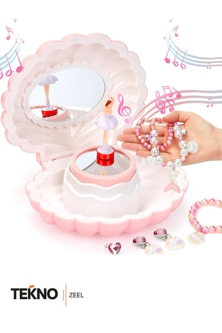 Teknozeel Balerini Dans Eden Pembe Renkli İstiridye Şeklinde Müzik Kutusu Anneler Günü Hediyesi Takı Kutusu