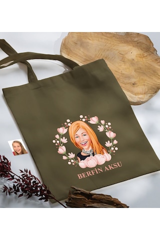 Bk Gift Kişiye Özel Anneler Günü Karikatürlü Haki Kumaş Bez Çanta, Baskılı Omuz Çantası, Alışveriş Çantası, Anneye Hediye-3 Haki