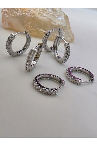 6'lı Zirkon Taşlı Gümüş Silver Renk Küpe Seti 1cm Gümüş