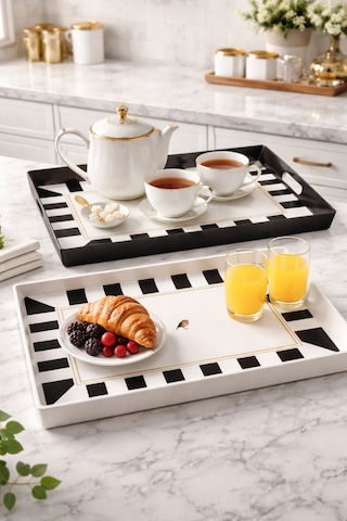 Makri Home 2 Adet Çizgili Desenli Servis Tepsisi 38x28x3,5 Cm, Siyah-beyaz Çok Renkli