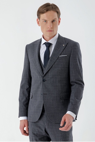Morven Erkek Lacivert Poliviskon Trend Yelekli Ekoseli Slim Fit Sivri Yaka Takım Elbise 24mc001021200 Lacivert