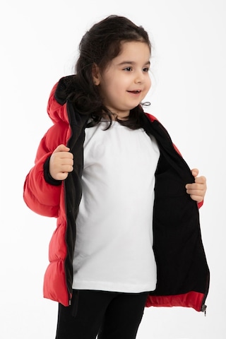 Kız Çocuk Kırmızı Içi Polarlı Kapüşonlu Su Geçirmez Rüzgara Dayanıklı Şişme Kışlık Mont Kırmızı