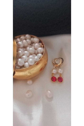 24k Altın Kaplama Gerçek İnci Zirkon Taşlı Kırmızı Tasarım Küpe K Gold