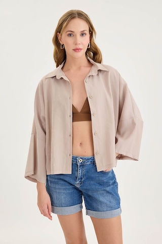 Vitrin Düşük Omuz Oversize Crop Gömlek Taş