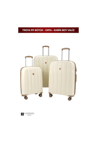 Cotpoly Home Troya Pp Polipropilen Kırılmaz Üçlü Set Valiz 360 Döner Sessiz Tekerlekli Krem
