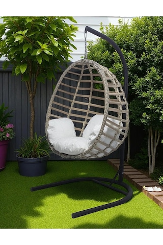Armut Salıncak Tek Kişilik Rattan Örgü Bahçe Balkon Ev Salıncağı Bej