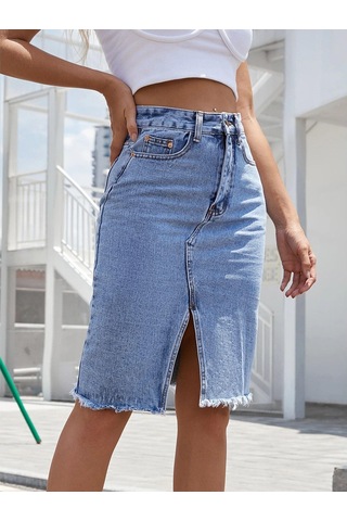 Qooth Kadın Casual Denim Kalem Etek Ins Cool Girl Midi Bölünmüş Hip Etek Qt2271 Mavi